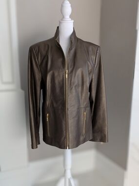 Terry Lewis Classic Luxuries Shimmering Brown Leather Zip Jacket-Lg